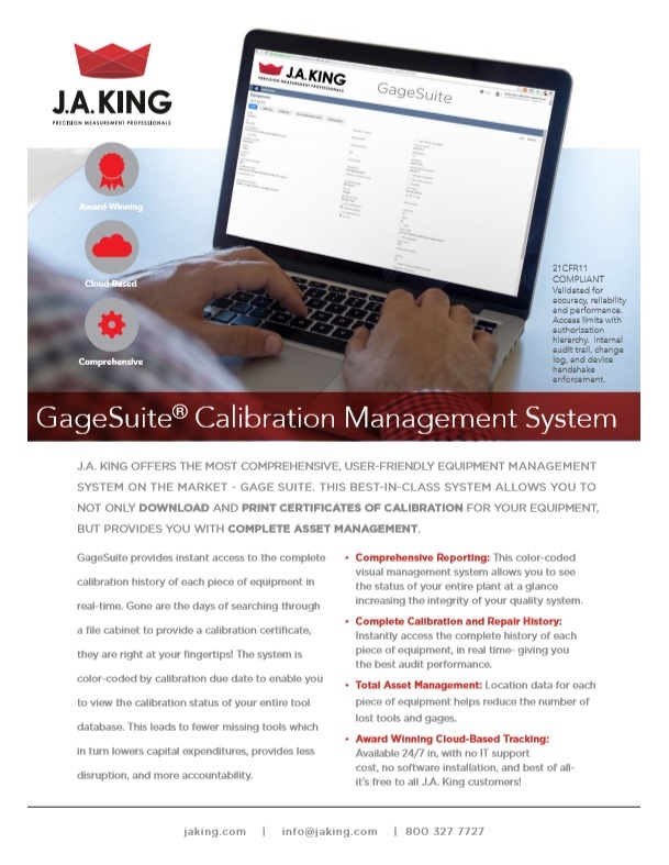 GageSuite Calibration Tracking Software Literature Sheet J.A. King